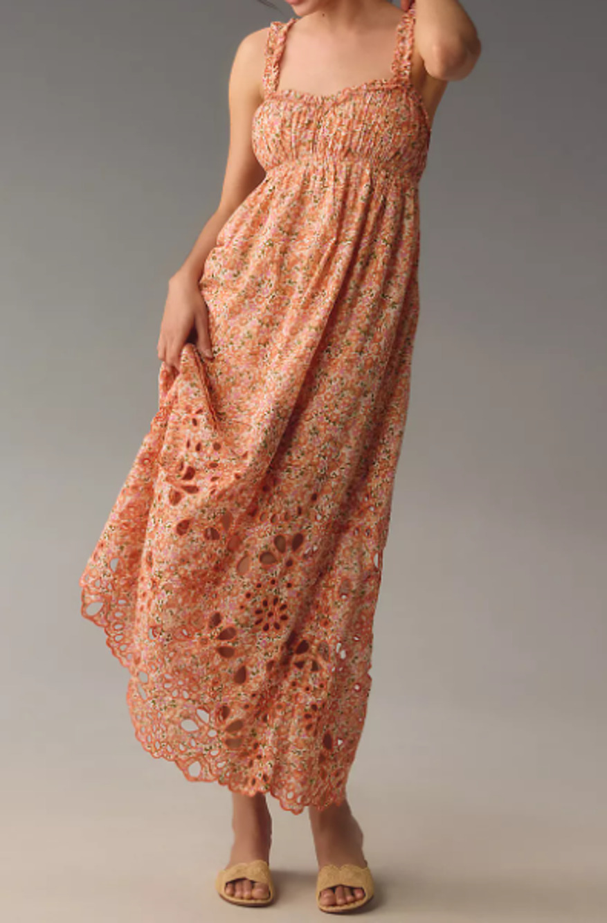 Anthropologie Coral-Peach Floral Crochet-Hem Midi Dress